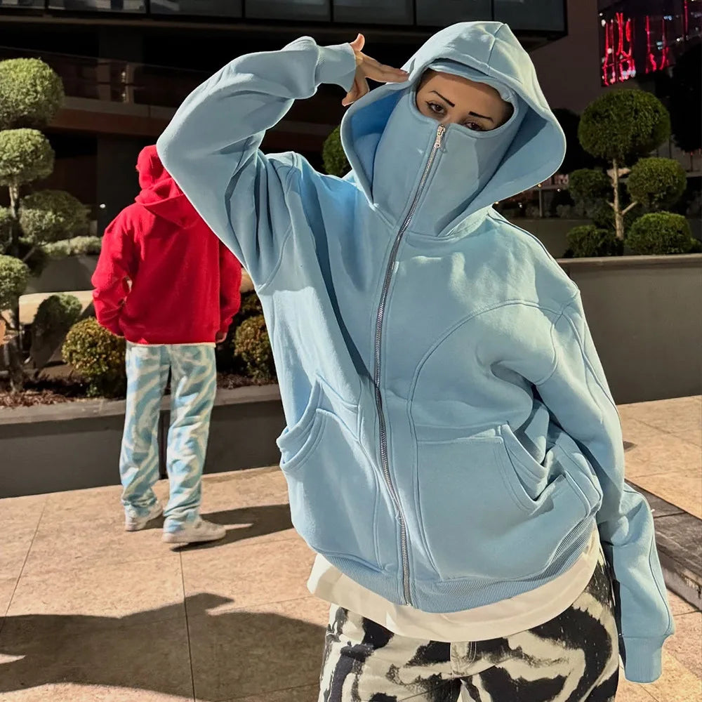 Sports style fashion European and American trend solid color line splicing double hat cardigan zipper hooded Y2K sweatshirt - Colouronova