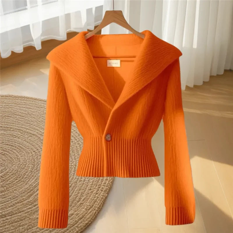Autumn Winter Women's Sweater Knitwear 2025 New Fashion Loose Casual Tops Cardigan Pure Colour The Waist V-Neck Outerwear Female - Colouronova