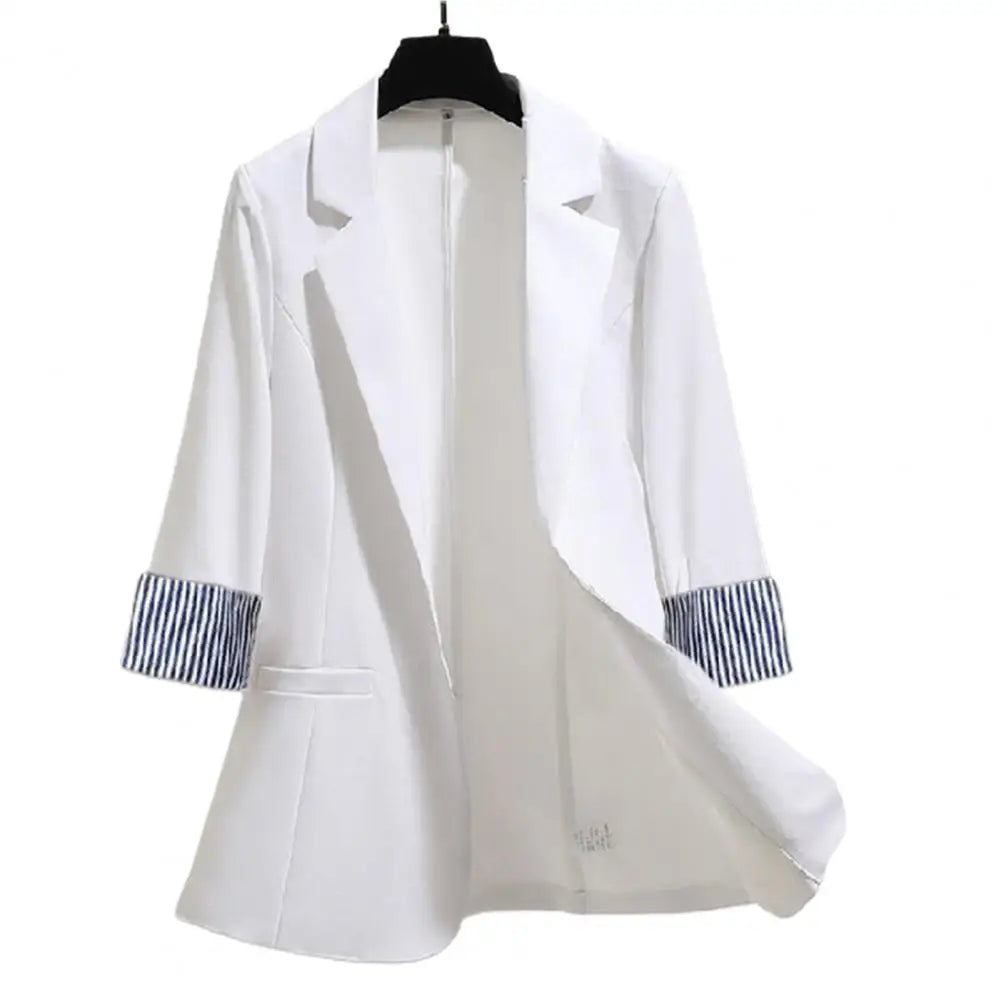 3 4 Sleeve Striped Patchwork Cuff Pockets Women Solid Color Lapel Single Button Thin Suit Coat Workwear - Colouronova