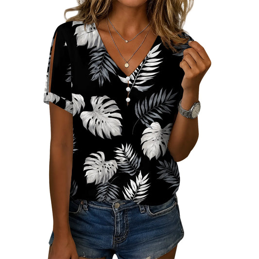 Cold Shoulder Casual Tops for Women Button Boho Floral Printed V-Neck Vintage Short Sleeve Summer T Shirts - Colouronova