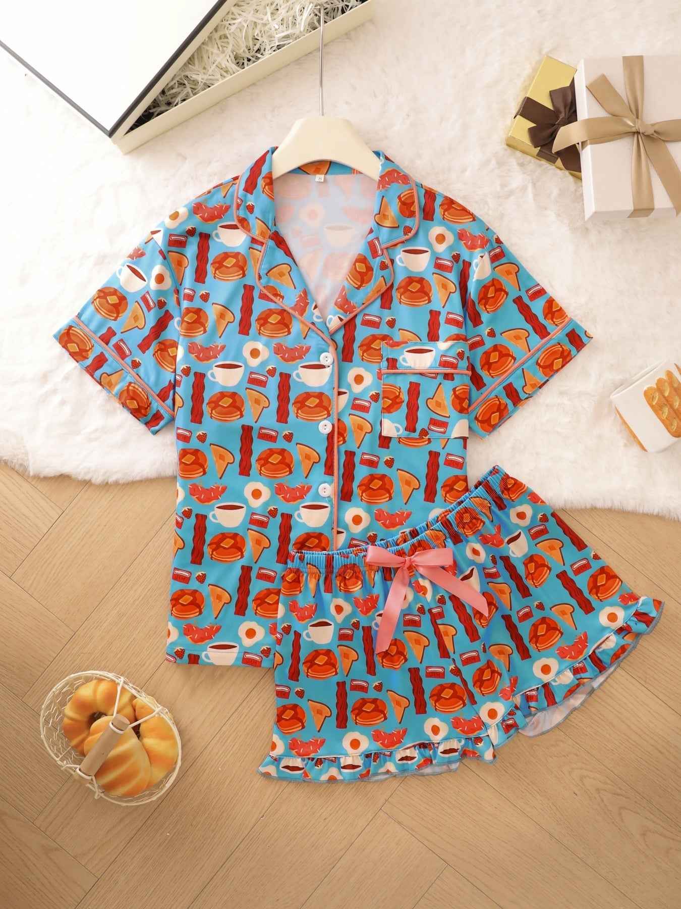 Womens Milk Silk Loungewear Set with Ruffle Shorts