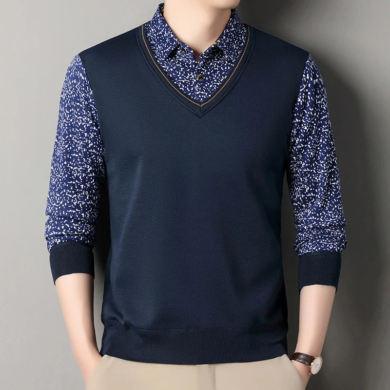 2025 Autumn Men Fleece Warm Sweater Men Fake Two Piece Plush Pullover Shirt Collar Thick Knitted Sweater Male Casual Jumpers - Colouronova