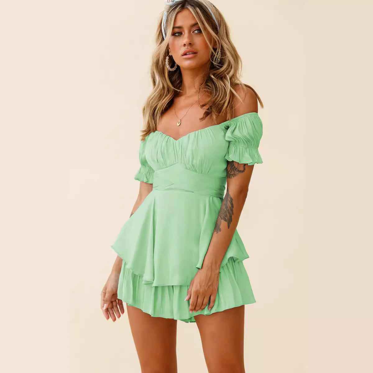 Women's Solid Color Jumpsuit with Lantern Sleeves