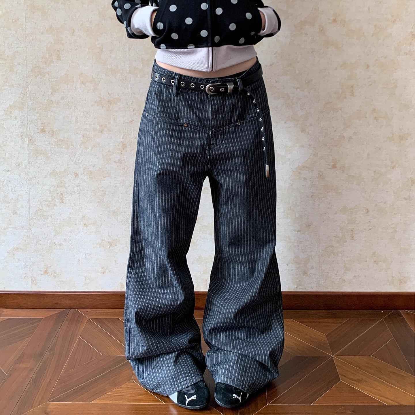 Retro Vertical Striped Denim Pants High Waist Straight Leg