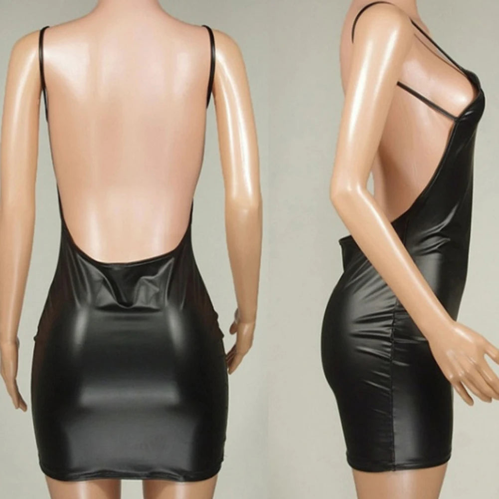 Tie Women Dress Pants Women Pleated Women's Sexy Leather Look Mini Dress Bodycon Cocktail Dress with Open Back - Colouronova