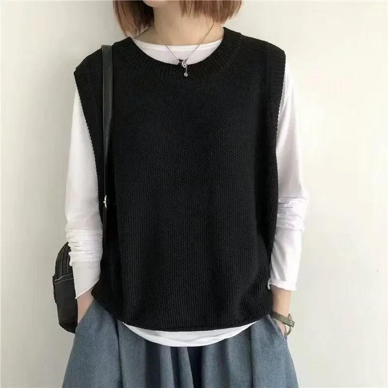 Autumn New Women's Fashion Round Neck Knitted Vest Sleeveless Solid Color Spring Versatile Female Chic Casual Tank Top - Colouronova