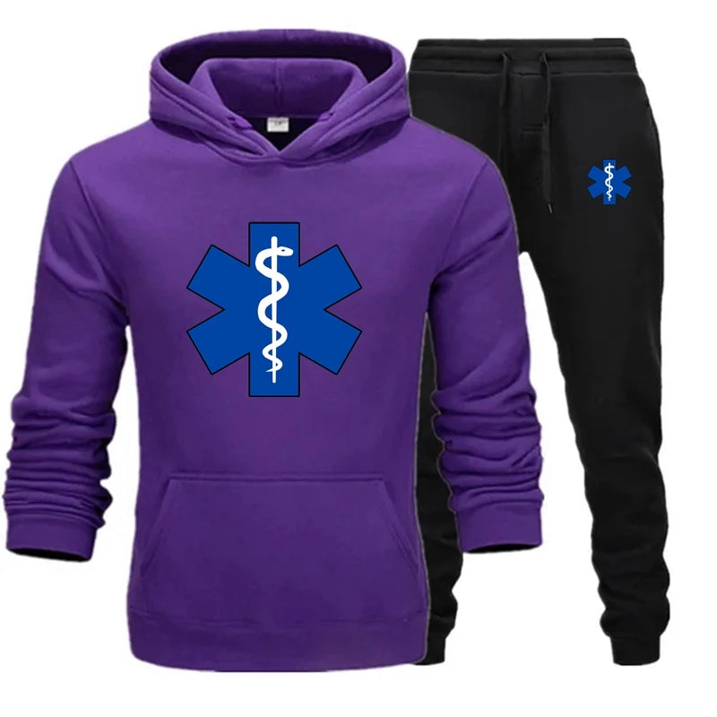Basic Men/Women 2Pcs/Sets Sweatshirt Hoodies Pants 2024 Male Ambulance emblem Gyms Fitness Tops Joggers Sportswear Tracksuits - Colouronova