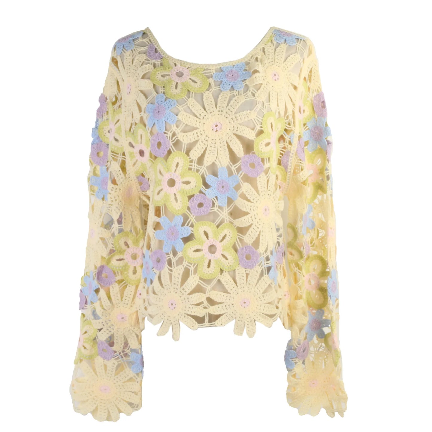 Bohemian Holiday Style Flower Knitted Pullover Long-sleeved Sweater Women's Loose Autumn And Winter New Ethnic Retro Sweater Top - Colouronova