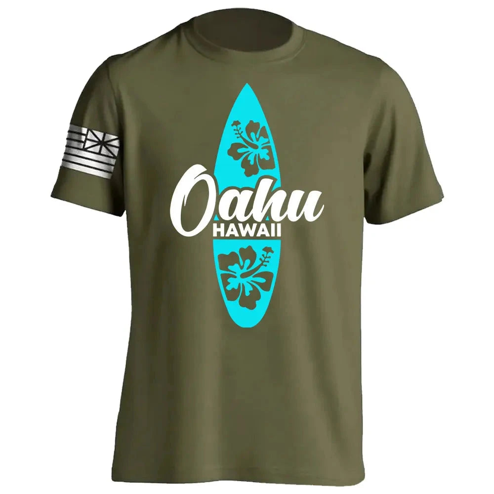 Men's Cotton Shirt OAHU HAWAII SURFING Distressed TShirt Unisex Surf Board Beach Tee Tops Summer Fashion Casual Short Sleeves Colouronova