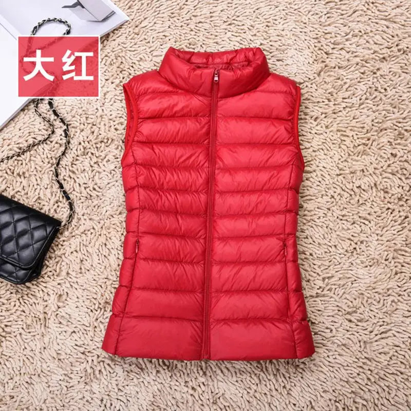 2024 Women's Clothing Down Coats White duck down slim fit new lightweight down vest short standing collar warm thin jacket vests - Colouronova