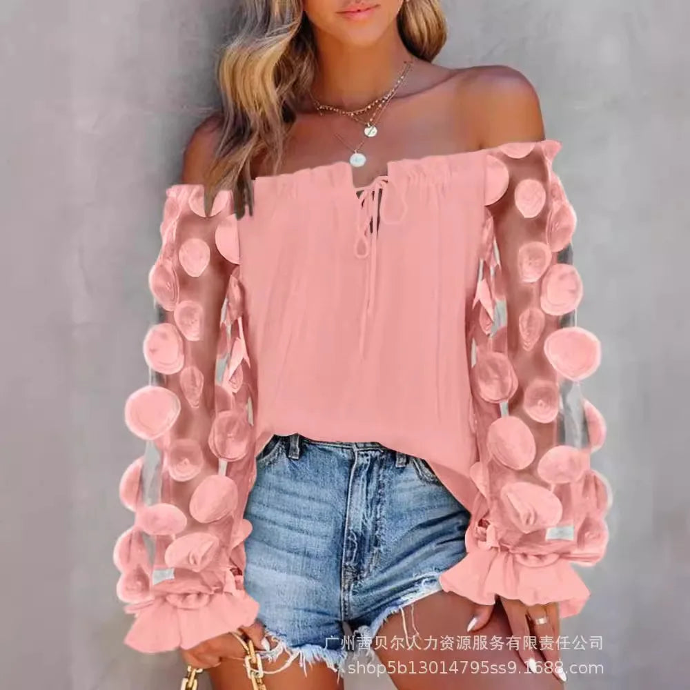 Women Tops Slash Neck Flare Sleeve Solid Pullovers Ruffles Casual T Shirts Elegant Lady Slight Strech Autumn 2024 Patchwork - Colouronova