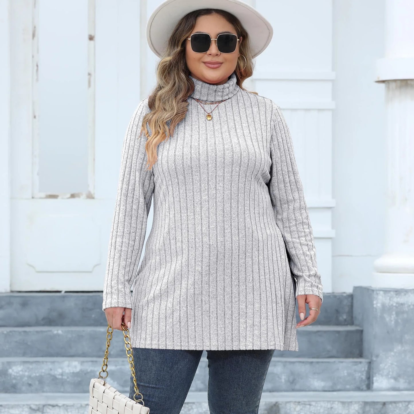 Women Turtleneck Top T Shirt Basic Tees Side Split Stripe Long Sleeve Casual Layering Tops 2025 Autumn Winter Office Lady - Colouronova