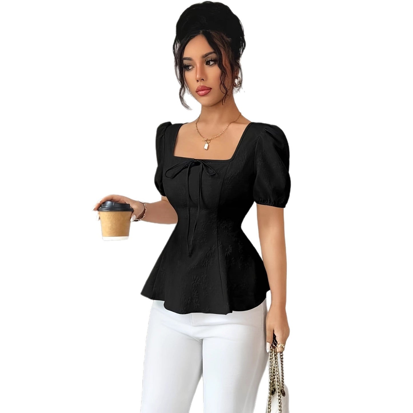 Square Neck Jacquard Blouse with Lace-Up Waist Colouronova