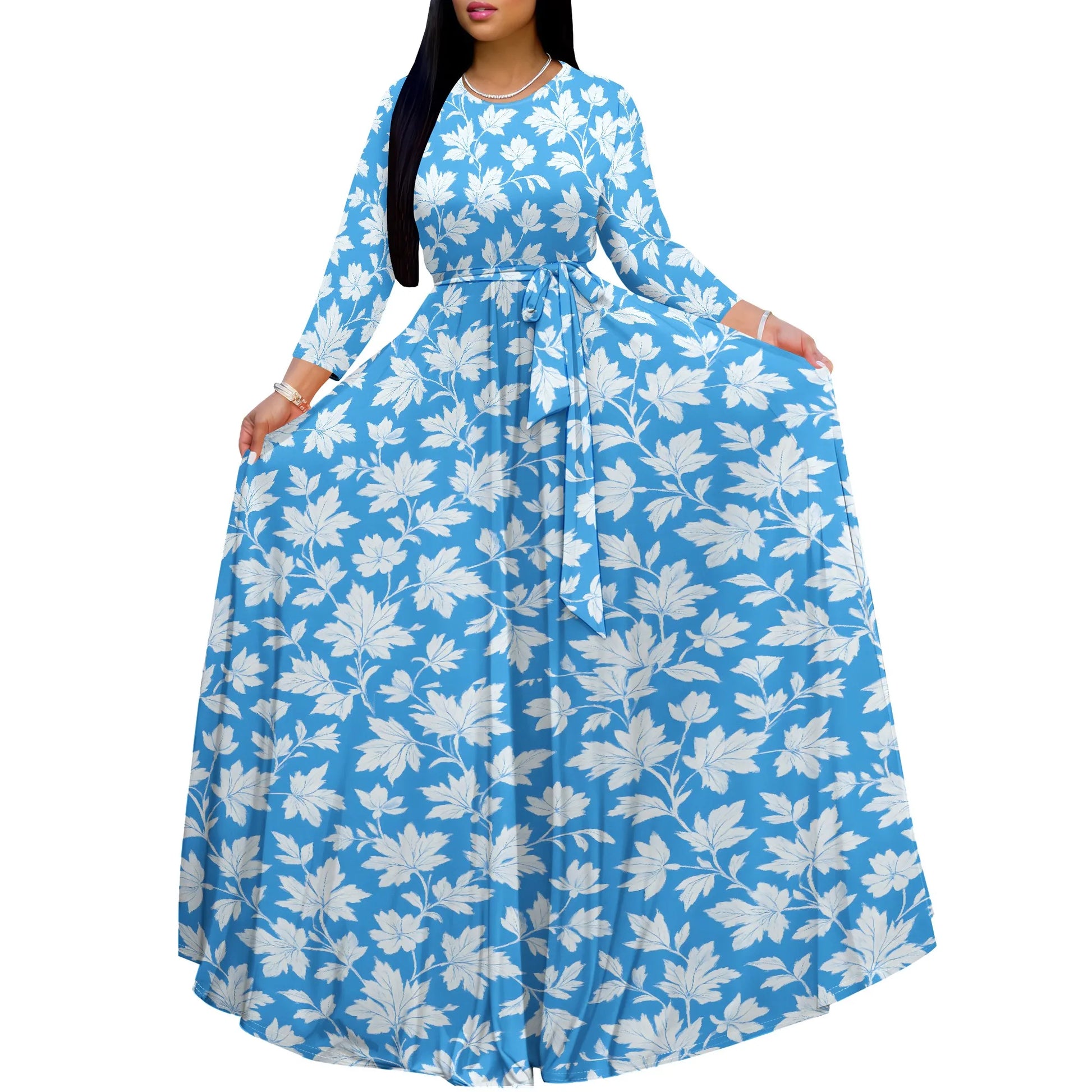 Long Sleeve Plus Size Maxi Fall Dress for Curvy Women Round Neck 3/4 Sleeve Long Dress Cocktail Party Dress - Colouronova