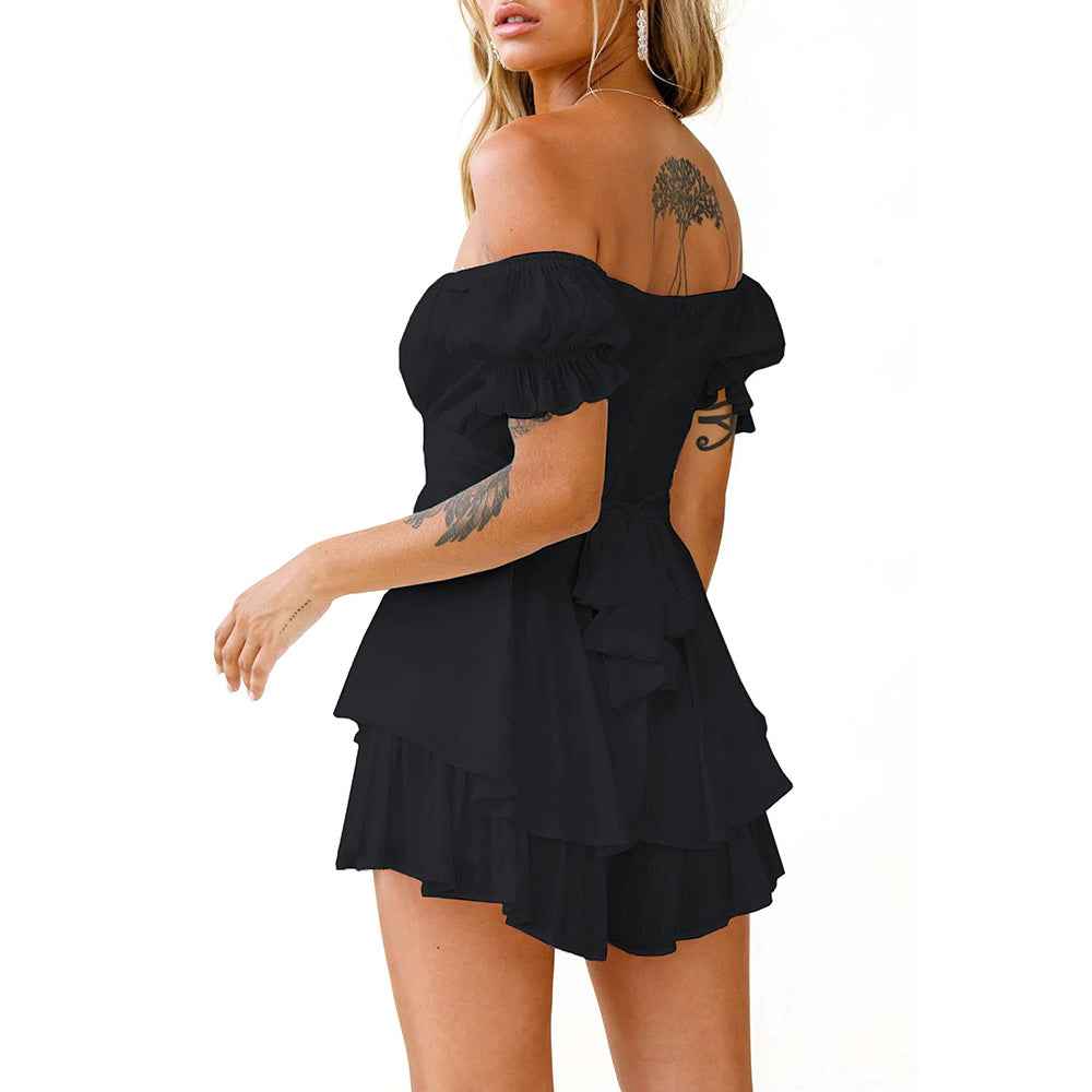 Women's Solid Color Jumpsuit with Lantern Sleeves