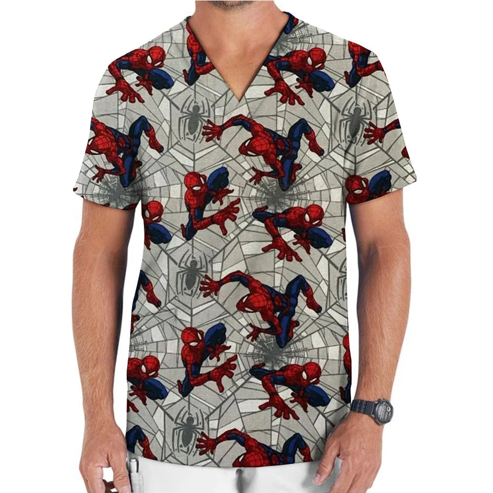 Medical Uniform Men's Nurse Marvel Superhero Matte V-neck Short sleeved Shirt Hospital Top Surgical Dress Men's Dentist T-shirt - Colouronova