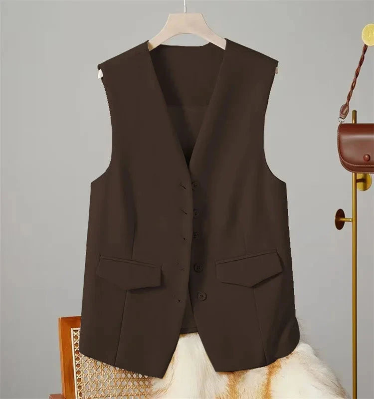 Vest Women Sleeveless Jacket Waistcoat V Neck Single Breasted Tops Outerwear Spring Summer Female 2025 Office Lady Vintage Coat Colouronova