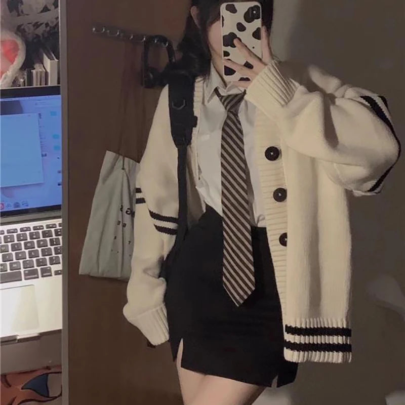 Striped Loose Cardigan Women  Vintage 2024 Autumn Winter Single Breasted Sweater Streetwear Casual Korean Female Knitted Coat - Colouronova