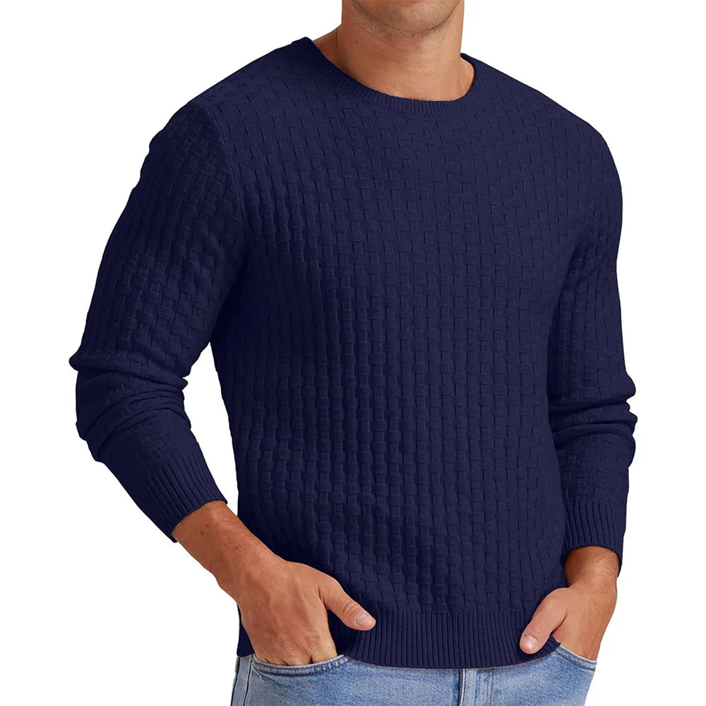 Knit Pullovers Men Solid Sweater Long Sleeve Jumpers Round Neck Sweaters Casual Slight Strech Spliced Male Autumn 2025 - Colouronova