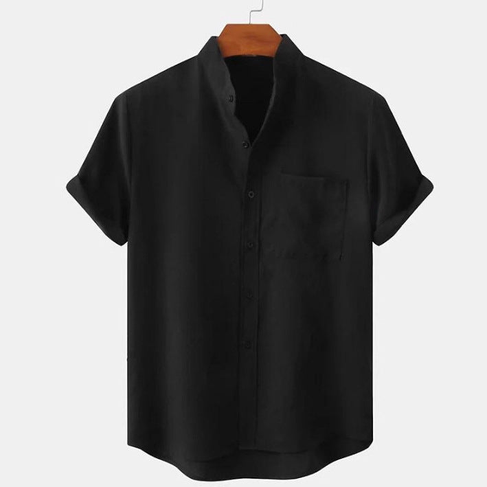 Mens Cotton Linen Stand Collar Shirt Colouronova