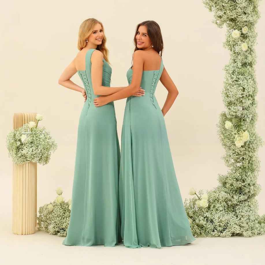 One Shoulder Pleated Long Chiffon Gowns