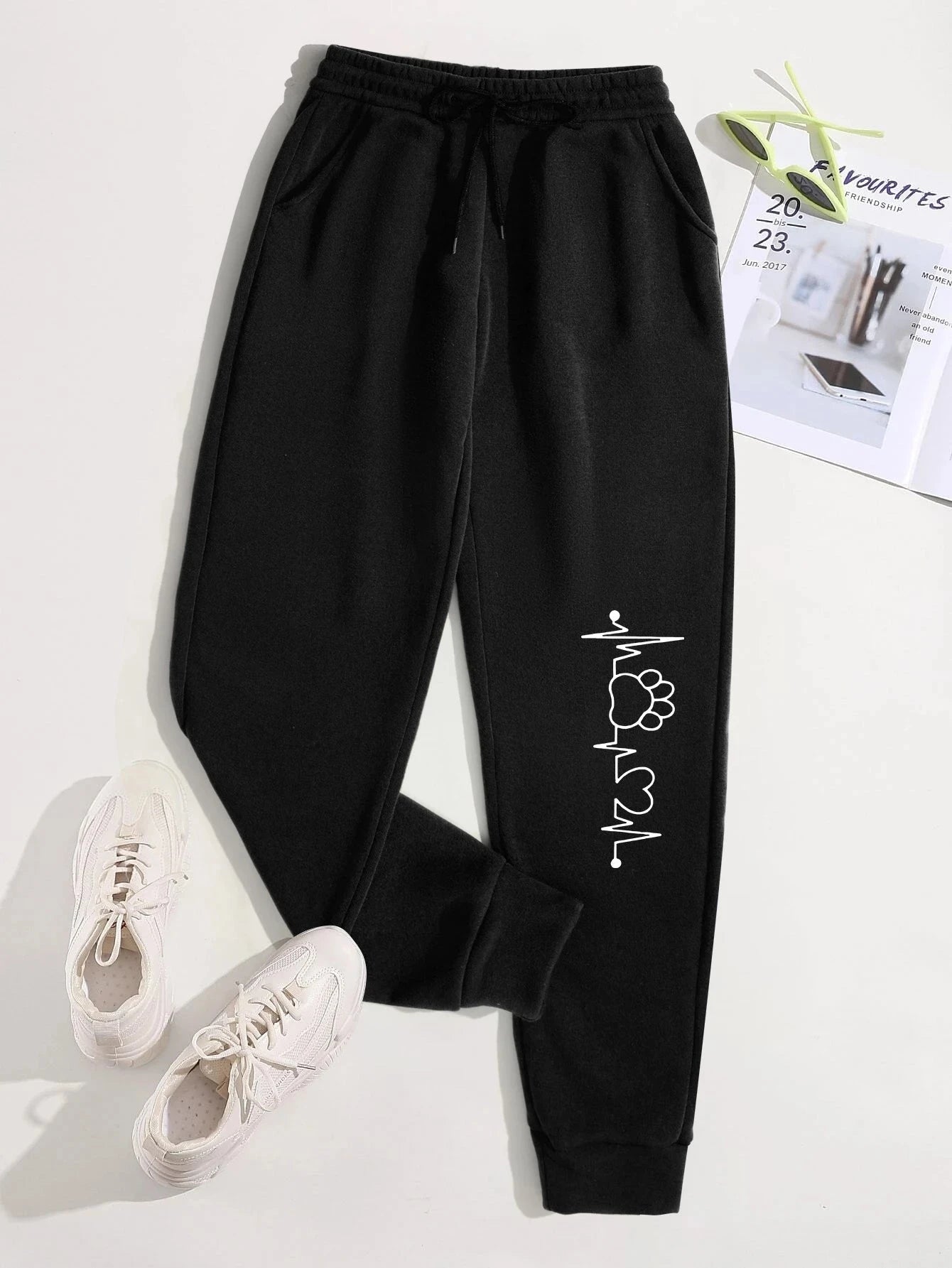 Creative Heartbeat Dog Claw Print Pants Womens Jogger Sportpants Fleece Drawstring Long Pant Fashion Street Female Sweatpants Colouronova