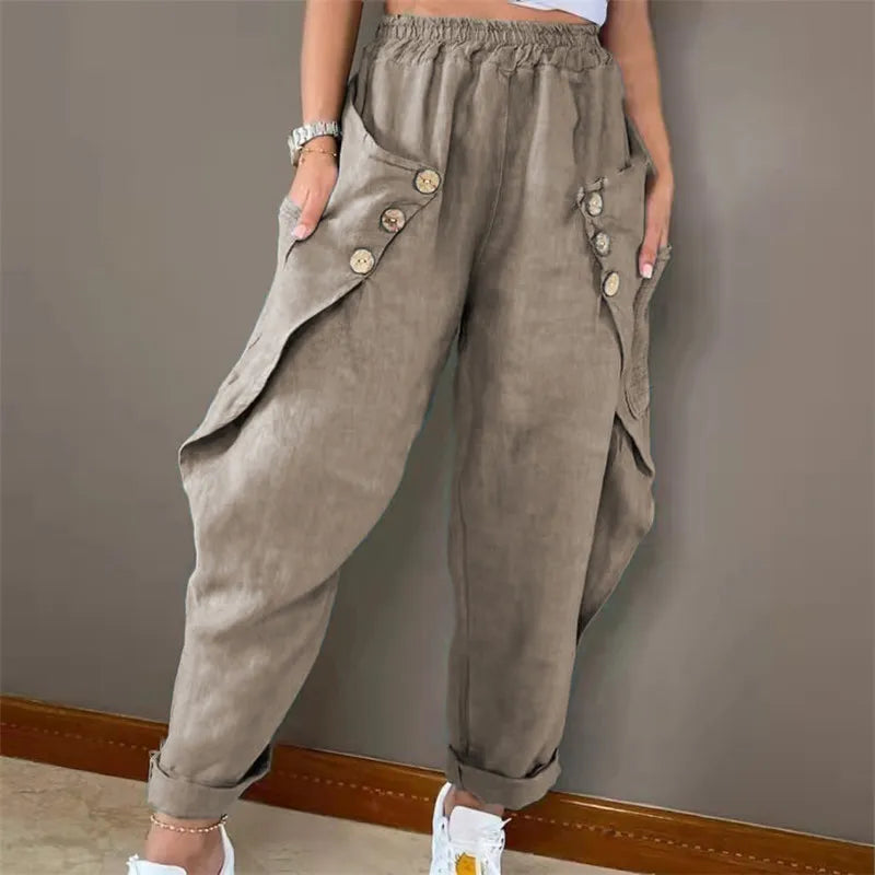 Harem Pants Women Elastic Waist Pockets Button Solid Distressed Slacks Female Streetwear 2025 Casual Ankle Length Trousers - Colouronova