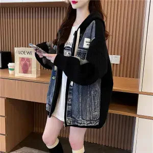 2025 New Autumn Winter Fashion Hooded Denim Patchwork Sweater Knitted Cardigan Coat Women Loose Fake Two Pieces Outerwear W646 - Colouronova