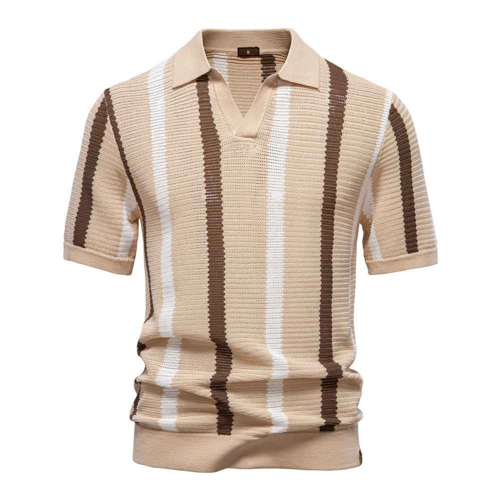 Breathable Striped Mens Polo Shirt Summer Short Sleeve Knit Top