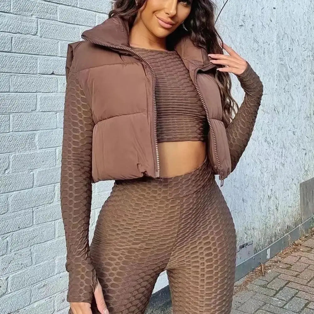 Fall Winter Warm Cropped Vest Jackets for Women Fashion Sleeveless Stand Collar Zip Up Puffer Waistcoat Street Style Outwear - Colouronova
