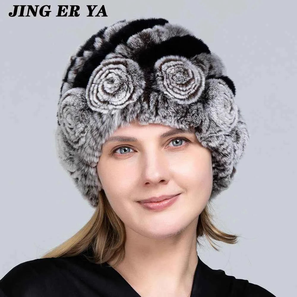 JINGERYA Winter Hat Women Warm Floral Rex Rabbit Fur Knitted Beanie Striped Classic Natural Real Fur Hats