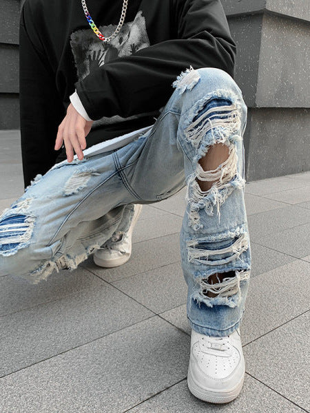 Men's Straight Leg Ripped Denim Jeans Colouronova