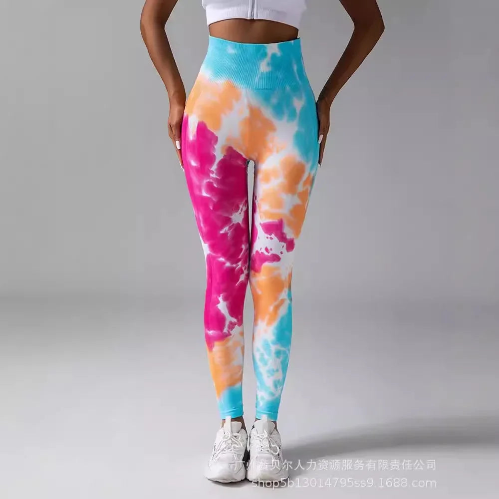 Women Sports Running Gym Work Out Pants Tie Dye Print Butt Lifting Yoga Pants High Waist Booty Scrunch Leggings - Colouronova
