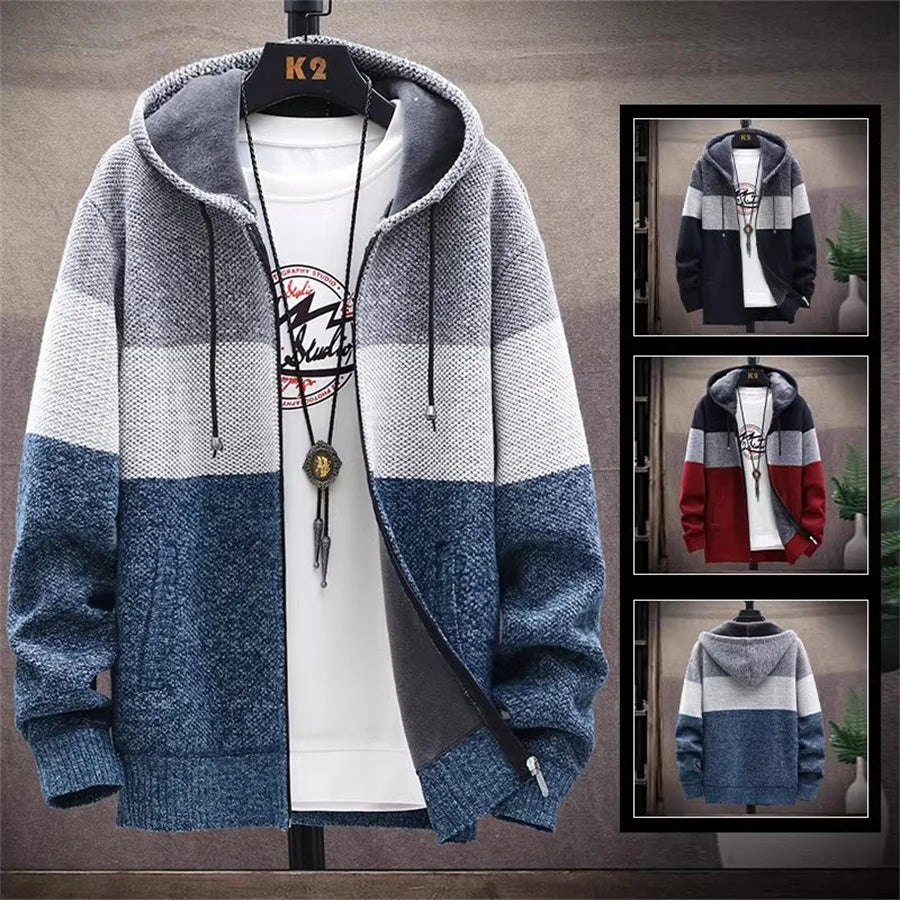 Men Patchwork Winter Warm Sweaters Fleece Jumper Hooded Cardigan Men's Clothing Knitted Coat Male Knitwear Thick Slim Jacket - Colouronova