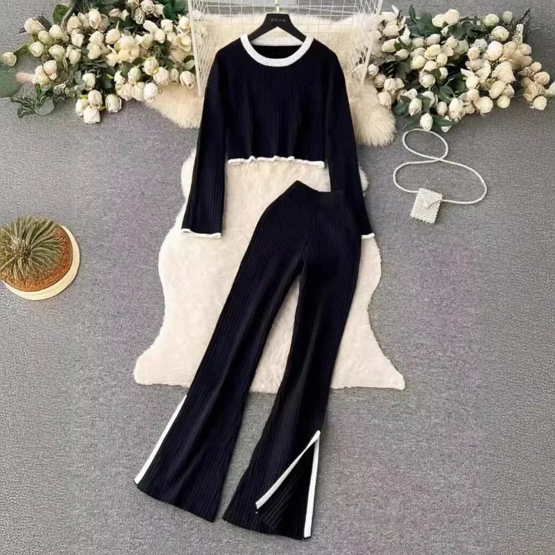 Autumn Winter 2 Pieces Women's Oufit Sets Knitted Tracksuit O-Neck Sweater and Wide Leg Jogging Pants Female Suits - Colouronova