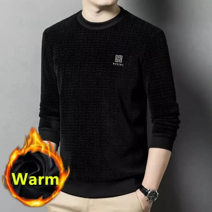 Men's Warm Hoodies Jumper Sweater O-Neck Fleece Thicker Pullover Slim Jacquard Casual Business Tops Men's Winter Clothing - Colouronova
