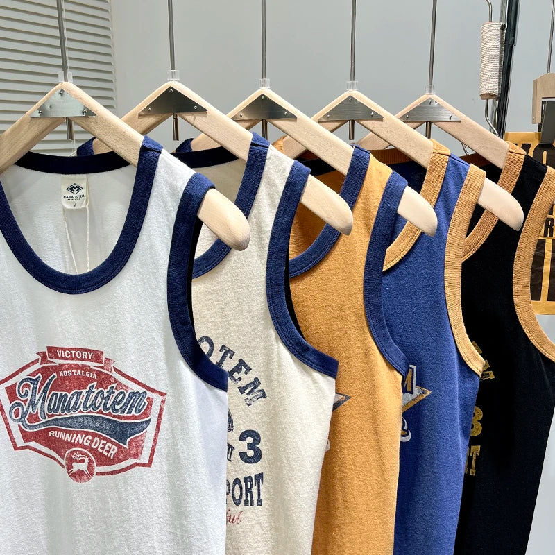 Summer Japan Retro Printed Basketball Loose Sleeveless T-shirt Tank Tops American Vintage Casual 100% Cotton Vest Tees for Men - Colouronova