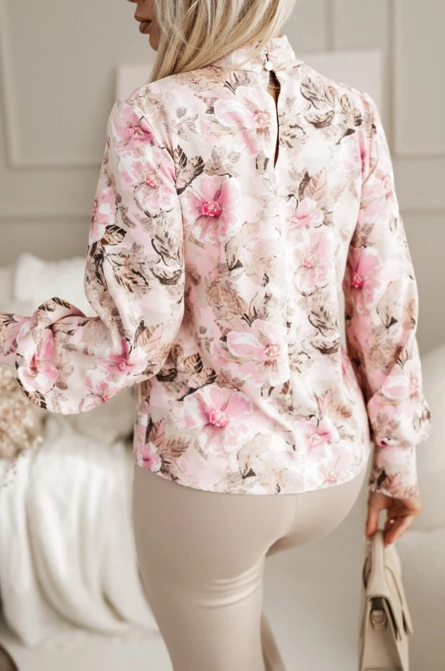 French Elegant Women's Blouse Fashionable Flower Print Commuting Stand Collar Casual Loose Lantern Sleeves Chiffon Shirt Top - Colouronova