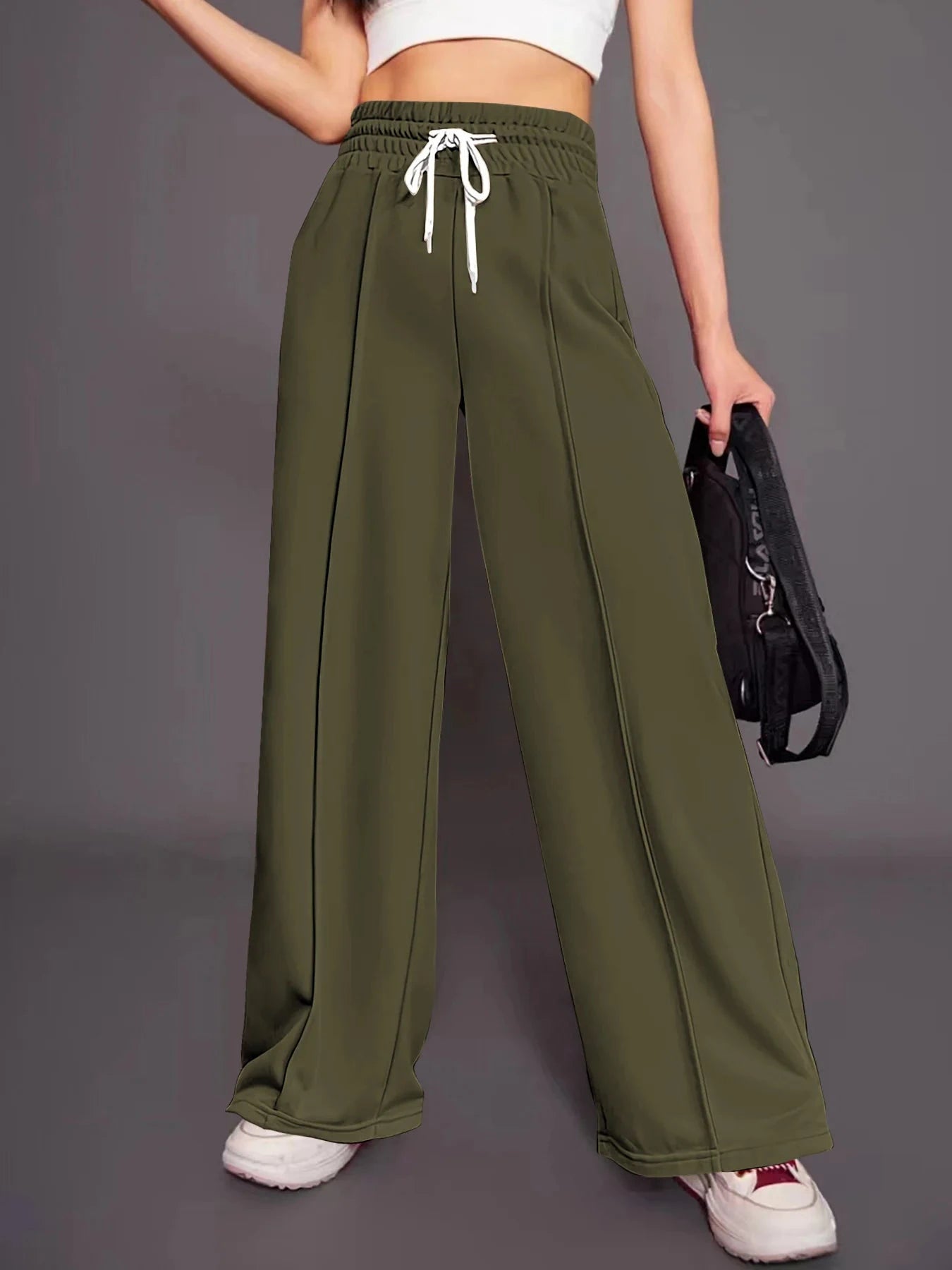 High Waist Wide Leg Pants Women Full Length Trousers Solid Capris Drawstring Pockets Loose Fit Sports Casual Slight Strech Colouronova