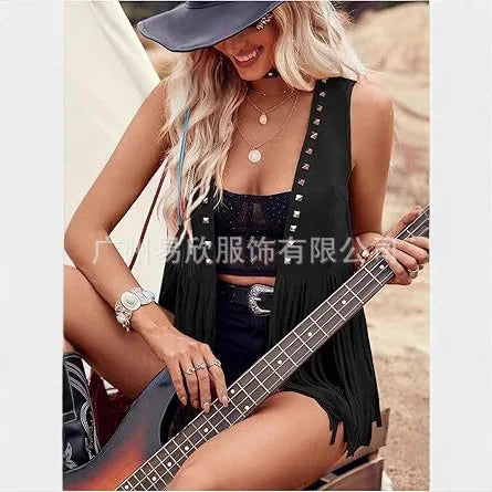 Vests Women Sleeveless Y2k Coats Cardigan Streetwear Tassel High Street Jacket Loose Rivet Slight Strech 2025 Summer Leather - Colouronova