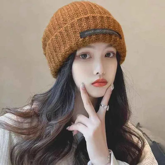 Women Warm Cap Simple Winter Wool Knitting Bonnet Solid Color Ins Versatile Stacked Cap Fashion Knitted Skull Hat Headwear