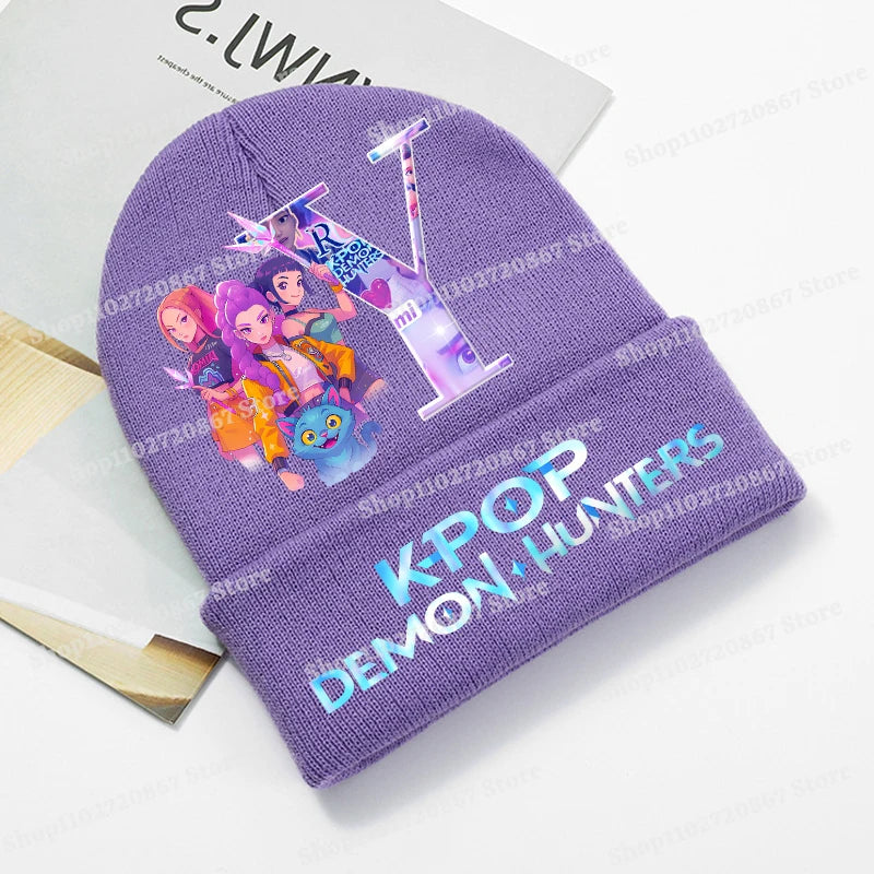 KPop Demon Hunters Purple Knitted Hat Boys Girls Cartoon Anime Woolen Hats Autumn Winter Kid Outdoor Warmth Beanies Caps Beanie - Colouronova