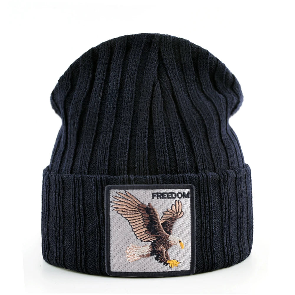 Unisex Black Beanie Hat With Animals Embroidery Patch Knitted Skull Cap For Men Women For Autumn Winter Streetwear Bonnet Hats - Colouronova