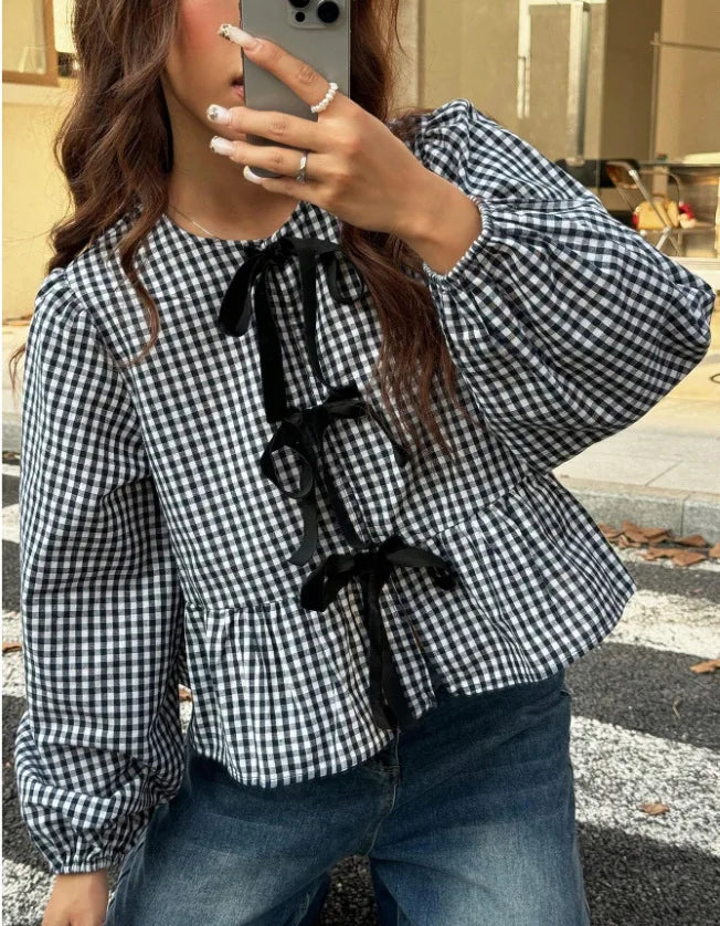 Shirt Women Casual Blouses Coat Plaid Printing Lace Up Bow Round Collar Puff Sleeve Sweet Overshirt Female Spring Summer 2025 - Colouronova