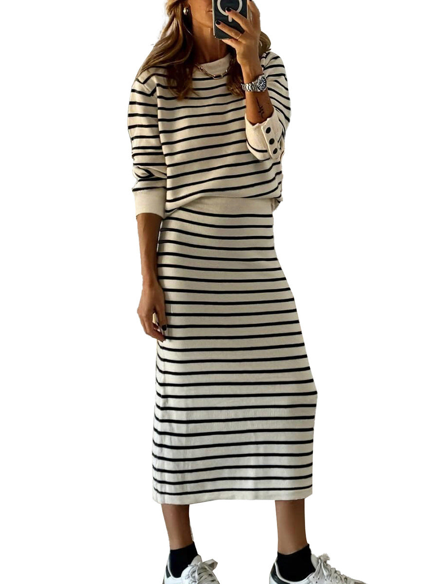 Striped Print Casual Shirt and Long Skirt Set Colouronova