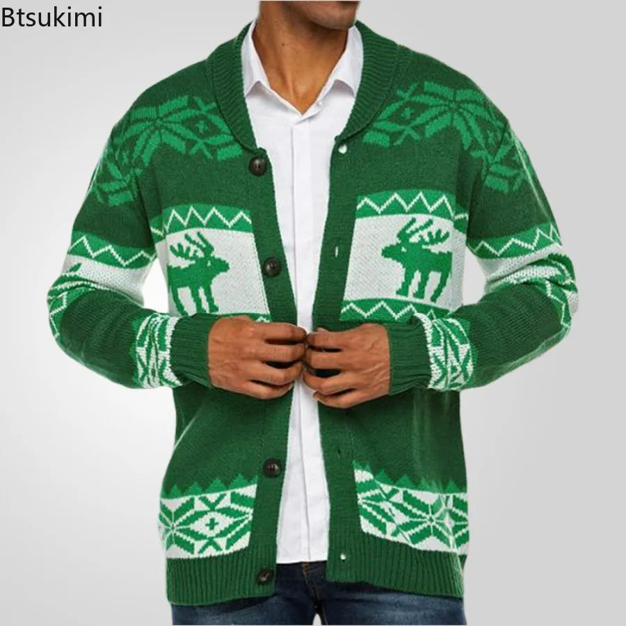 2025 Autumn Winter Men's Snowflake Christmas Sweater Knitted Sweater V-Neck Casual Knit Jumpers Pullovers Home Warm Outwear Male - Colouronova