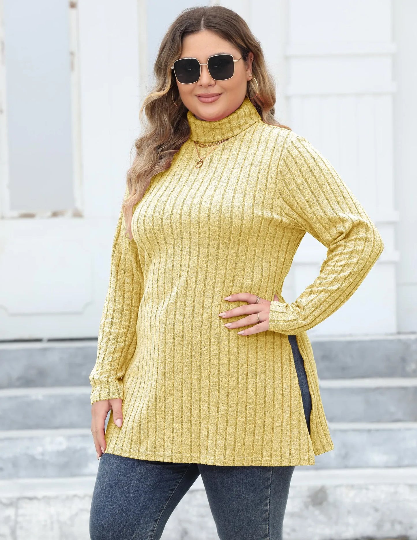 Women Turtleneck Top T Shirt Basic Tees Side Split Stripe Long Sleeve Casual Layering Tops 2025 Autumn Winter Office Lady - Colouronova