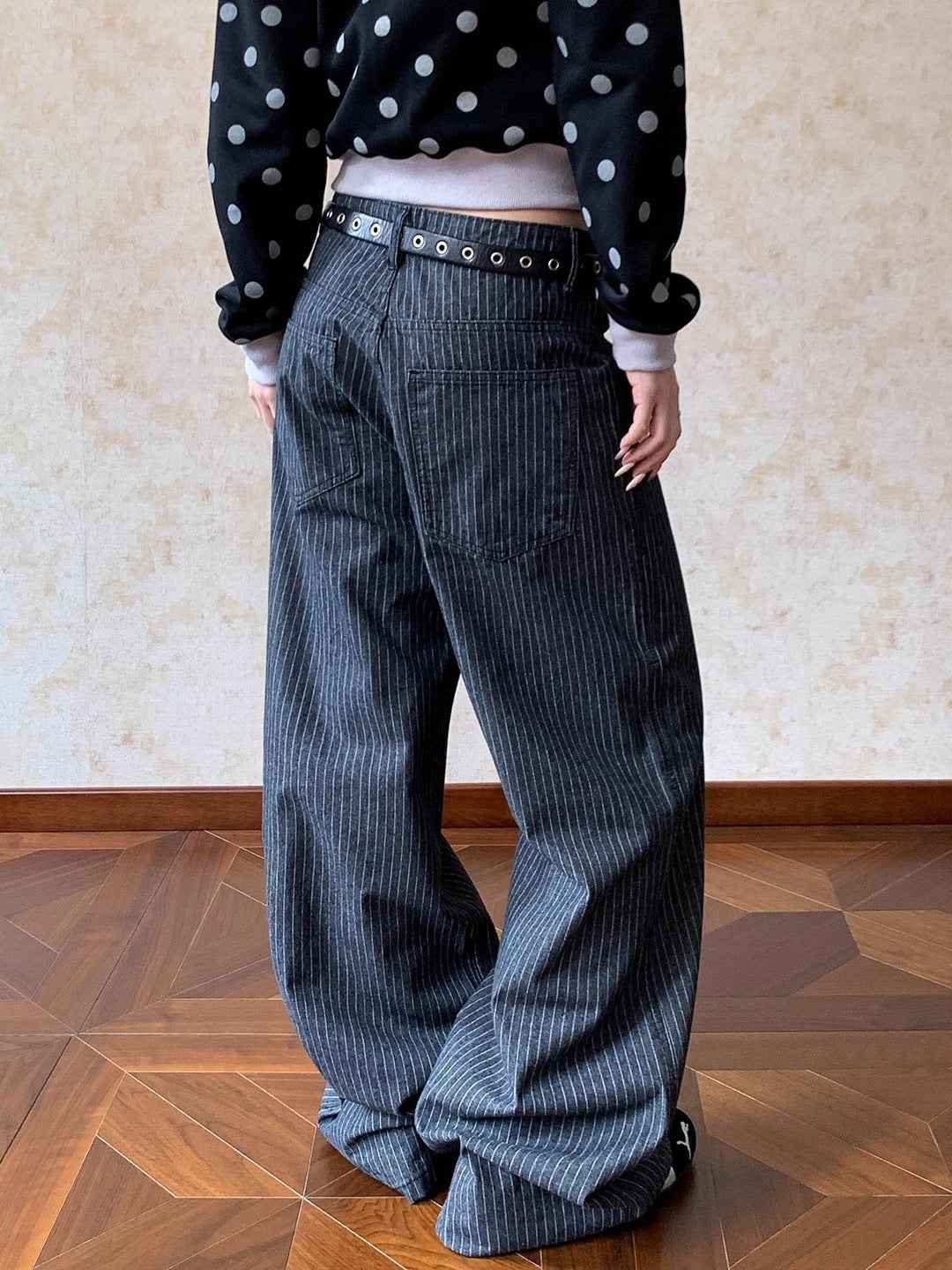 Retro Vertical Striped Denim Pants High Waist Straight Leg