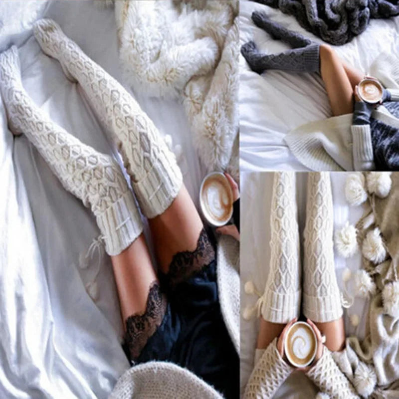 Knitted Wool Socks for Women with Hairball Long Tube Knee Stacking Womens Socks - Colouronova