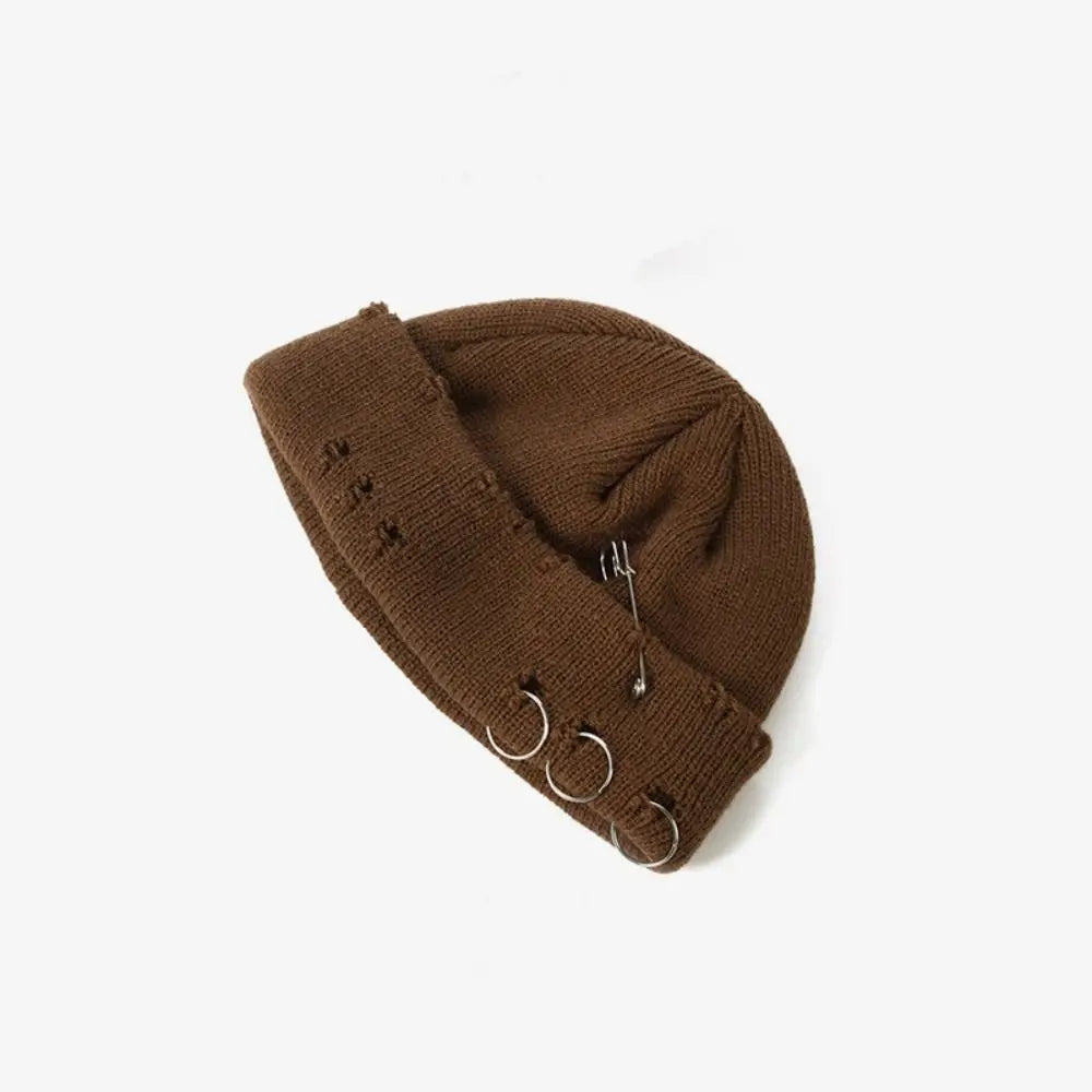 Trendy Autumn Winter Black Beanie Hat Warm Gothic Knitted Elastic Hat Hip-hop Acrylic Ripped Hat Men Women - Colouronova